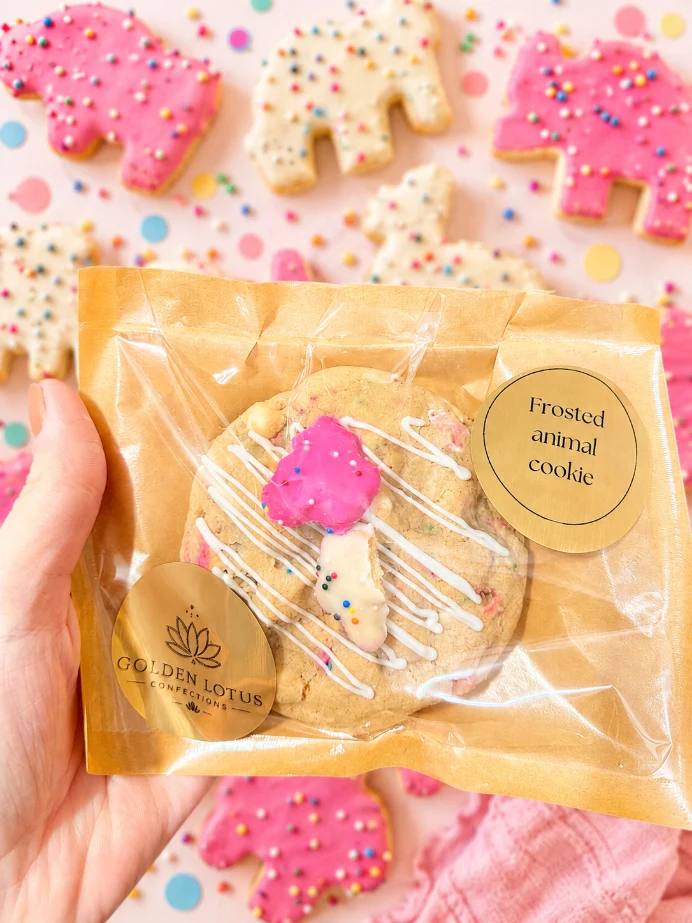 Golden Lotus Frosted Animal cookie with colorful sprinkles