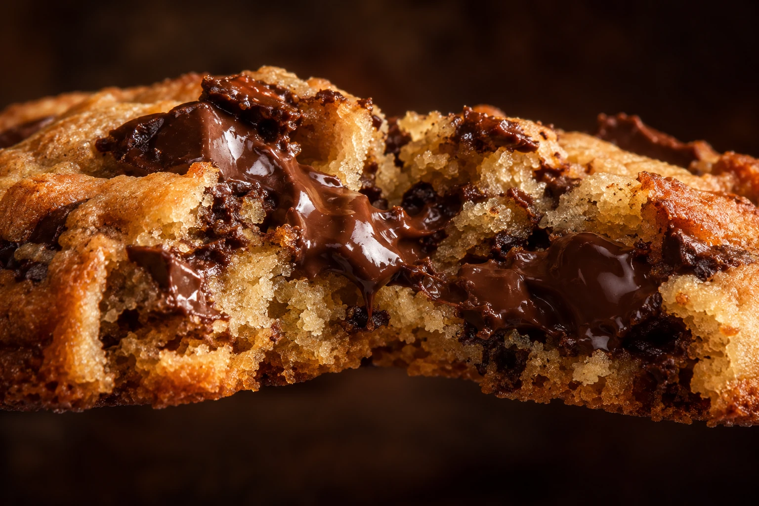 Close-up of melted chocolate in a golden cookie crumb; illustrative photography